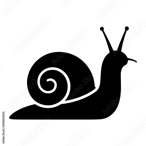 Black silhouette of a snail with a spiral shell and antennae white