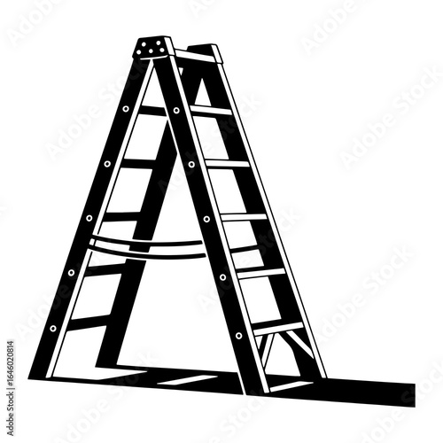 Black stepladder with white steps and rivets on a white background black and white tool