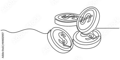 Coins stack continuous one line drawing. Coins money in simple linear style. Coins money symbol of financial success and investment business. Money concept. Vector illustration.