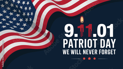 9/11 Patriot Day tribute with stylized Twin Towers as “11”, candle flame, waving American flag, and memorial text “We Will Never Forget” 