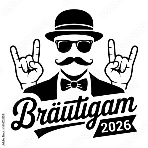 Groom with bowler hat sunglasses mustache bowtie and rock on hands bachelor party wedding