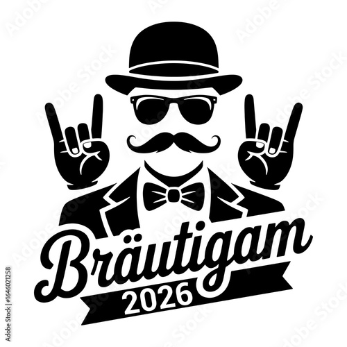 Groom with bowler hat sunglasses mustache bow tie and rock on hands vector