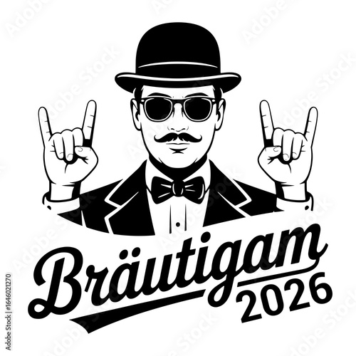 Groom with bowler hat sunglasses and rock on hands mustache bow tie