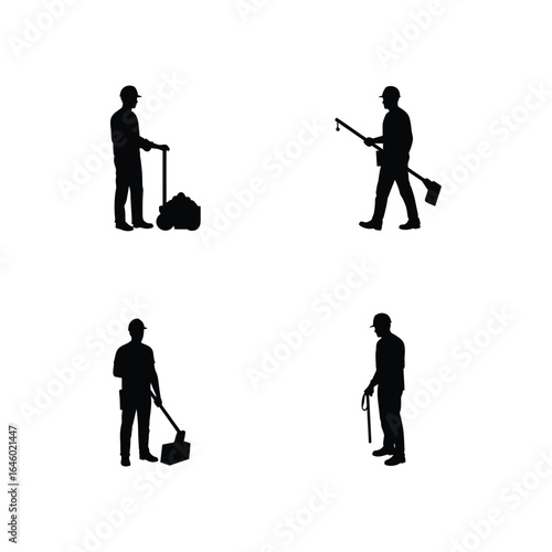 Silhouette of various workers in different occupations isolated on white background, showcasing men in labor, construction, and maintenance roles