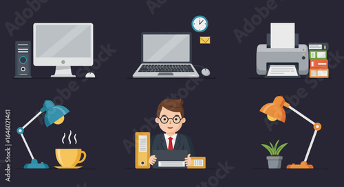 A collection of flat design vector icons depicting a modern office workspace, including a computer, laptop, printer, and professional businessman.