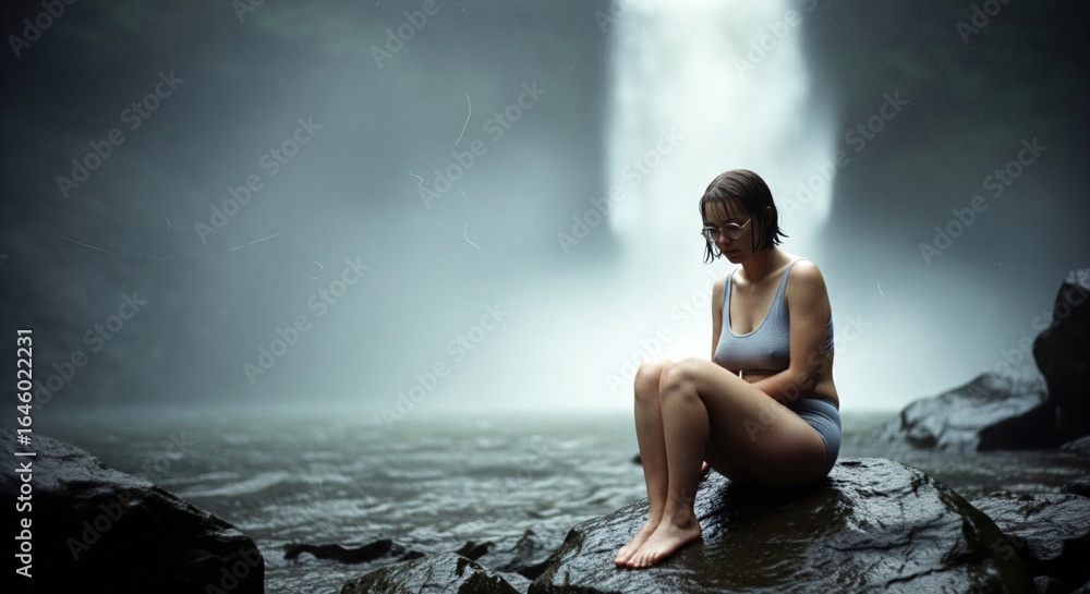 Obraz premium A woman in a swimsuit sits on a rock near a waterfall, looking down with a sad expression, perhaps reflecting on life's challenges and seeking solace in nature's beauty .