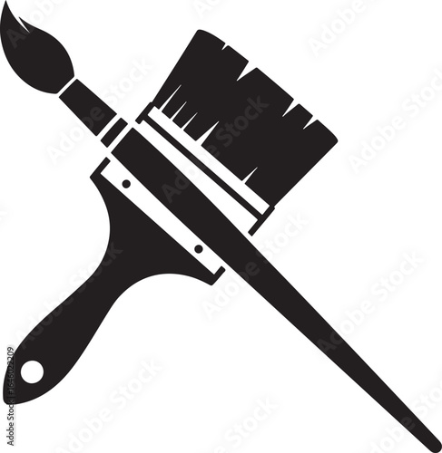 Black silhouette of two paint brushes crossed on a white background