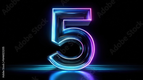 Neon Number Five Glowing Purple Blue Digit 3 D Render isolated on a transparent background