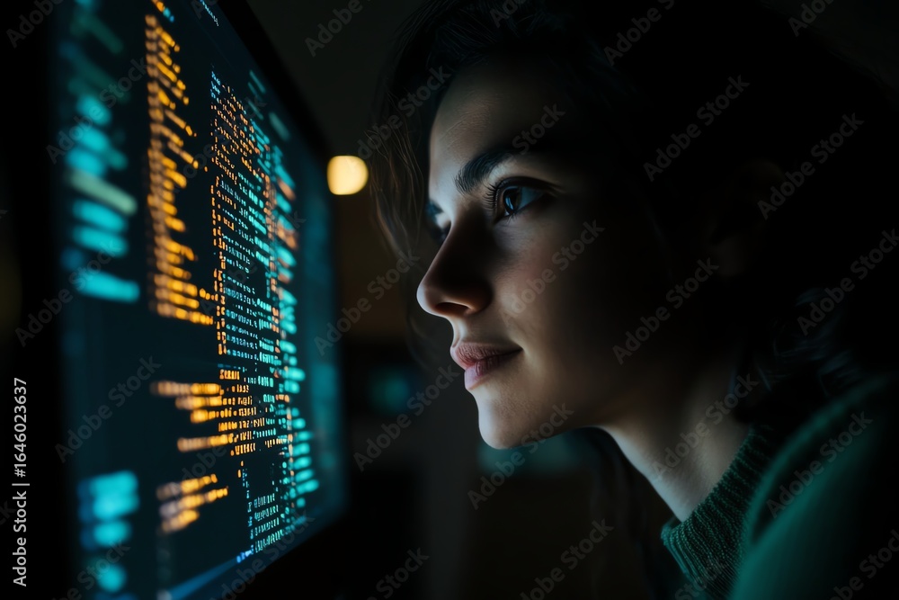 Obraz premium Focused woman working on computer screen, analyzing code with concentration in a dark environment.
