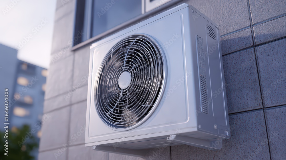 Fototapeta premium Exterior Air Conditioner Unit Mounted on Building Wall Silver Metal Fan isolated on a transparent background