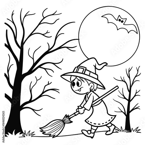Witch Halloween Coloring Page black and white vector illustration