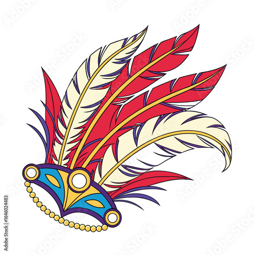 Vibrant feather headdress, a masquerade carnival costume accessory, isolated on white background