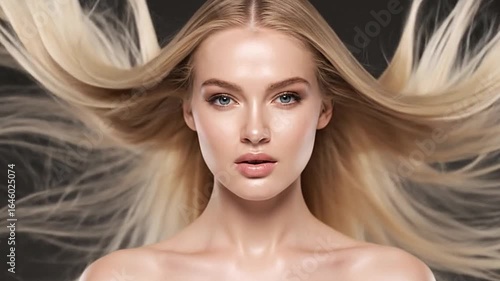 Blonde woman with fair skin and blue eyes styled hair blowing around her face on a dark background