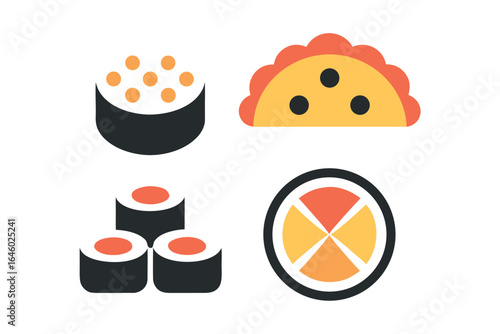 Assortment Of Sushi Rolls, Taco, And Citrus Slice On White Background maki rolls japanese food