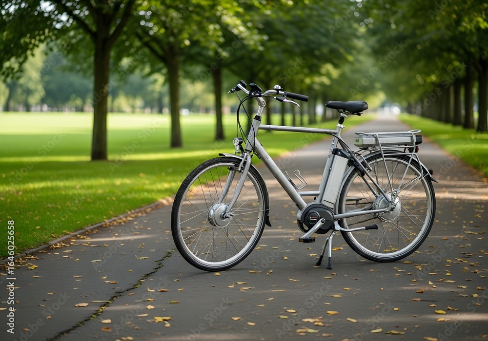 Fototapeta premium Modern Electric Bicycle Parked in Green Park Setting, Eco-Friendly Urban Transportation Concept