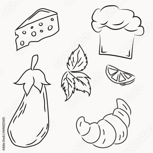 Ink Line Doodle Food Preparing Ingredient Set. Sketch Restaurant or Cafe Menu Decoration Pattern.  Tourist mediterranean Resort Kitchen Logo Design Element. Abstract Contour Minimalist Food Symbol Art