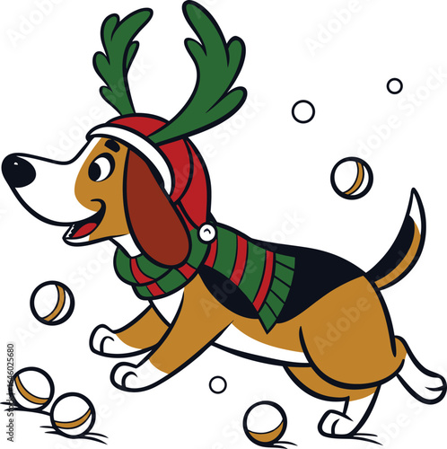Happy beagle dog in reindeer costume playing in snow