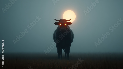 A mysterious bull with glowing red eyes stands in a foggy field against a backdrop of a large, ominous sun.