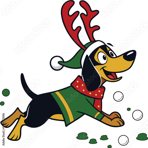 Festive Cartoon Dog in Reindeer Antlers Playing by Christmas Tree,snowball