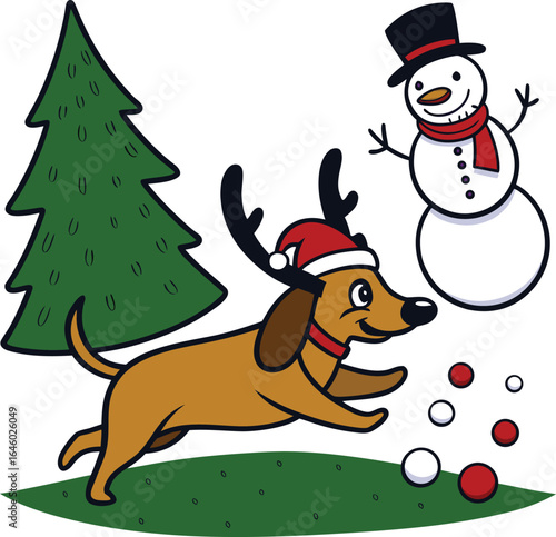 Festive Cartoon Dog in Reindeer Antlers Playing by Christmas Tree,snowball