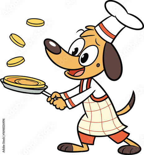 Happy chef dog flipping pancakes cartoon