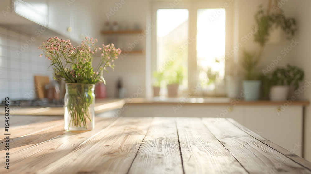 Fototapeta premium A vase of flowers sits on a wooden countertop. The countertop is made of wood and has a light color