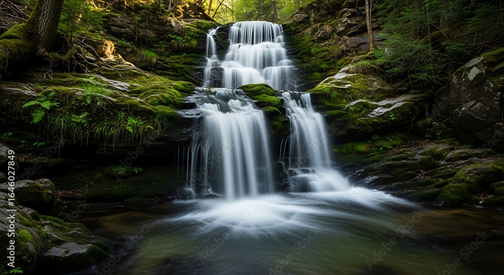 Fototapeta premium a breathtaking waterfall cascading down mosscovered rocks in a lush forest, creating a serene and refreshing natural scene, perfect for escape and relaxation