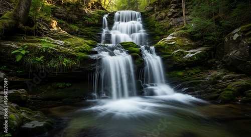  a breathtaking waterfall cascading down mosscovered rocks in a lush forest, creating a serene and refreshing natural scene, perfect for escape and relaxation