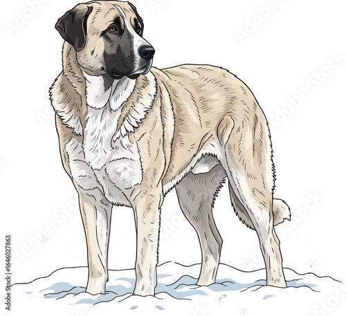 Anatolian Shepherd Dog standing in snow vector illustration