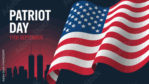  Patriot Day 9/11 tribute with waving American flag, Twin Towers silhouette, and memorial text “11th September” on red-black background