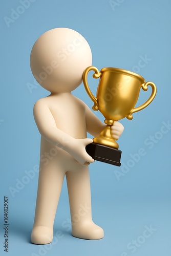 3D Faceless Humanoid Holding Golden Trophy in Celebration