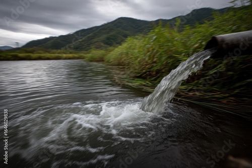 A metal pipe discharges water into a river surrounded by green vegetation and distant hills under a cloudy sky