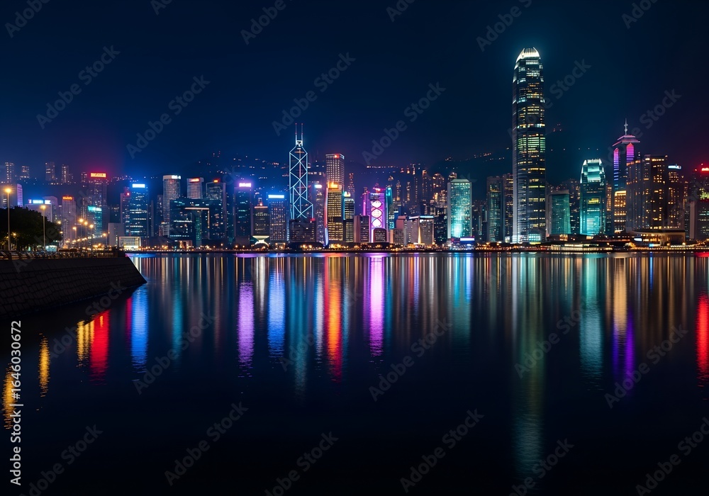 Naklejka premium Singapore and Dubai city skylines at night with illuminated skyscrapers and water reflections