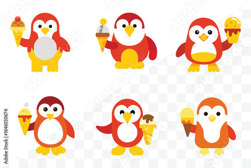 Cute Penguin with Ice Cream: Adorable cartoon penguins, each with unique expressions and colorful plumage, gleefully clutch ice cream cones, embodying joy and summertime bliss. 