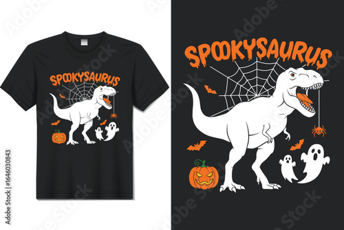 Spookysaurus T‑Rex Dinosaur with Ghosts, Spiderweb and Pumpkin – Cute Halloween T‑Shirt Vector