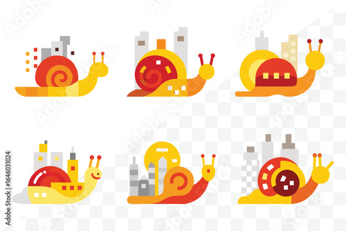 City Snail illustration: A collection of vibrant illustrated snails crawl across the cityscape, each with unique patterns and city views, symbolizing slow but steady progress, and urban life.