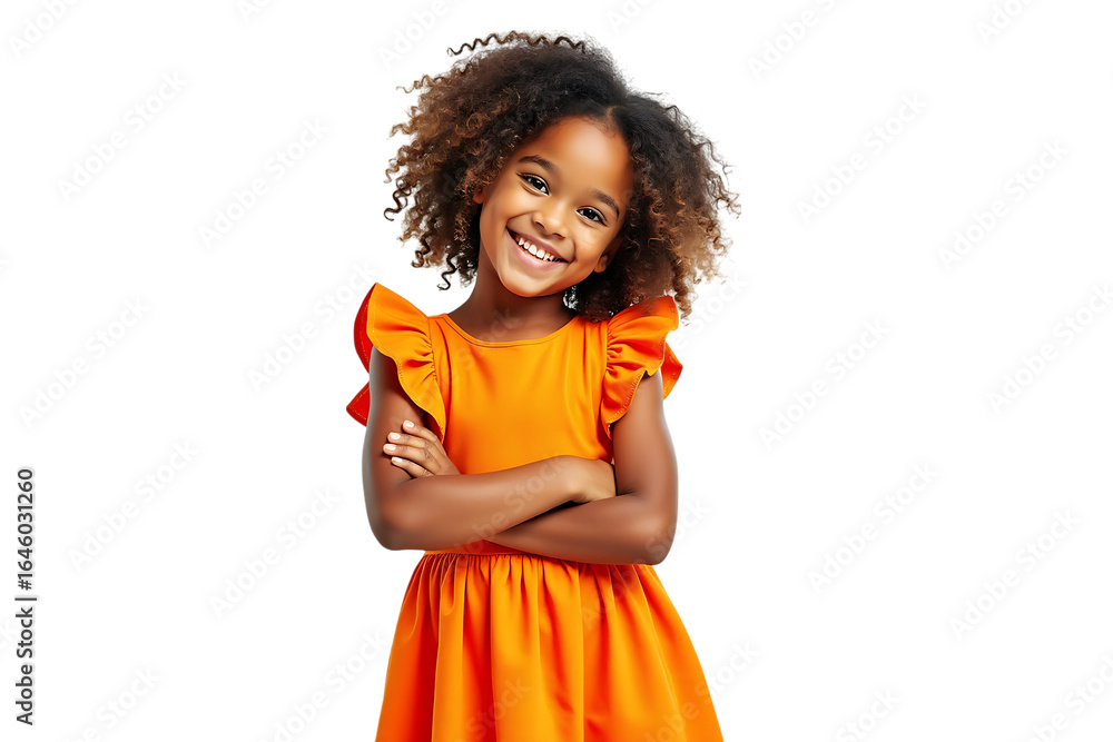 Obraz premium a happy young girl with curly brown hair smiling and looking at the camera, isolated on transparent background