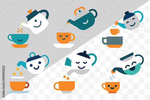 Tea Time Delight: Cheerful, minimalist illustrations depict tea and teacups with a dash of playful charm. The vibrant colors and whimsical style exude a sense of warmth and relaxation.