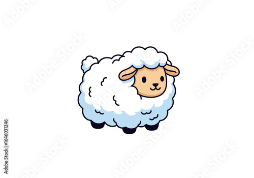 A fluffy adorable cartoon sheep stands on a white background with its four black hooves clearly visible