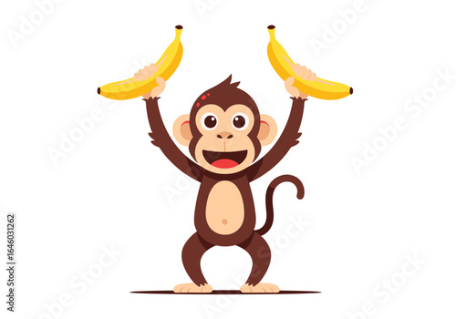 A happy monkey holds two ripe yellow bananas up high in the air with joy and excitement