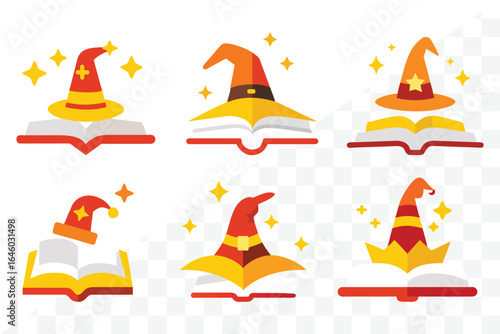 Wizard's Spellbound Library: A collection of enchanting illustrations showcasing wizard hats perched upon open books, radiating magic and knowledge.