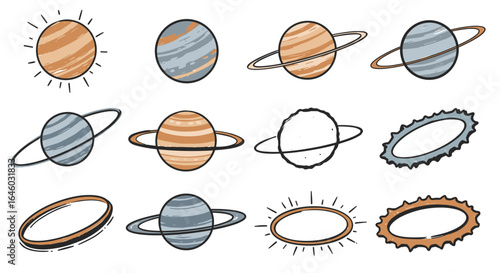 Set of  planets with rings in various colors and designs. Vector illustration.  