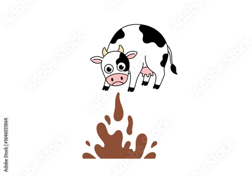 Humorous cartoon cow falling into a mud puddle with a splash of brown liquid creating a messy and funny farm animal scene