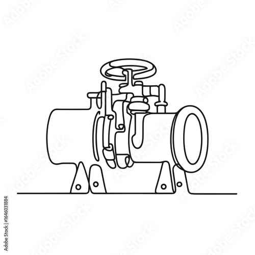 Valve drawing in line-art style in black-and-white for industrial use