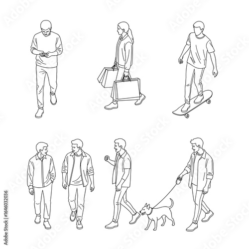 Outline sketches of urban people walking, shopping, and skating.  For architectural project. Vector illustration.