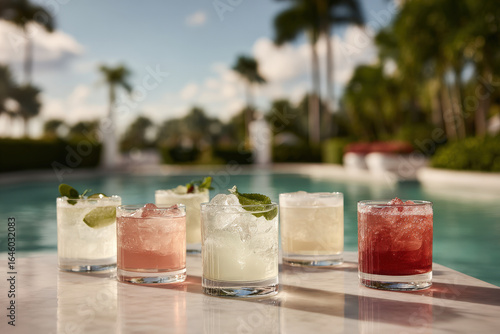 exquisite display of top  famous cocktails arranged gracefully around tranquil poolside enveloped by lush