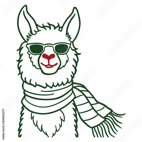 Whimsical llama wearing a colorful bohemian scarf and large sunglasses perfect for playful designs