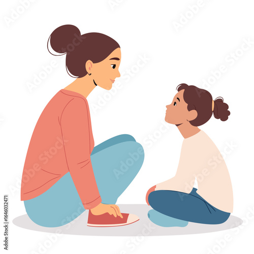 Illustration of a mother and child sitting face-to-face on the floor in a simple, colorful setting.