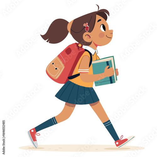 Cartoon illustration of a schoolgirl walking with books and backpack on a white background