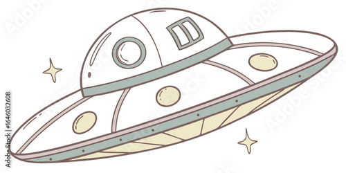 cute cartoon flying saucer ufo illustration with windows and stars for space themed design isolated on white background.